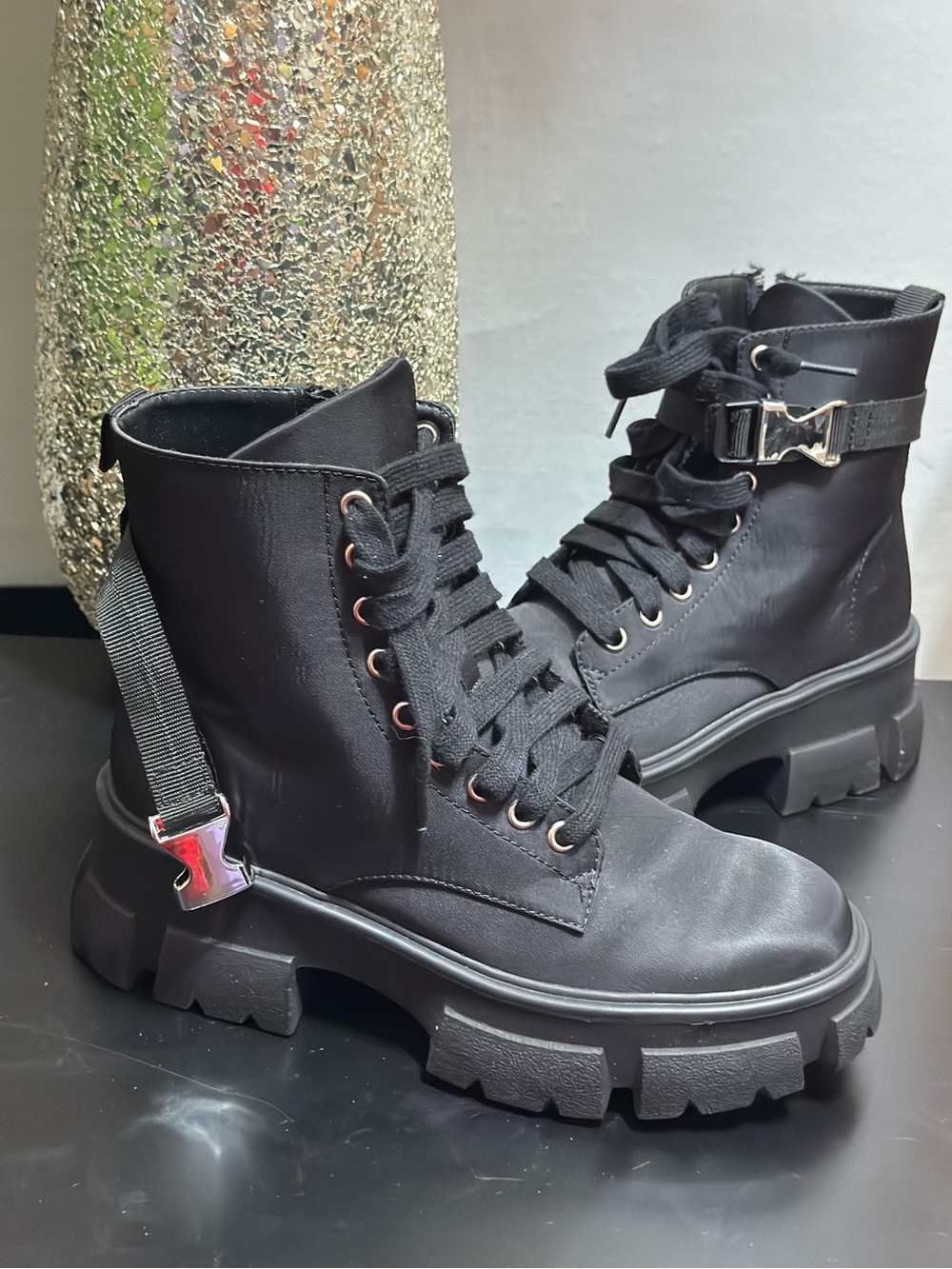 Steve Madden Tanker Black Lug-Sole Combat Boots with Buckle Strap